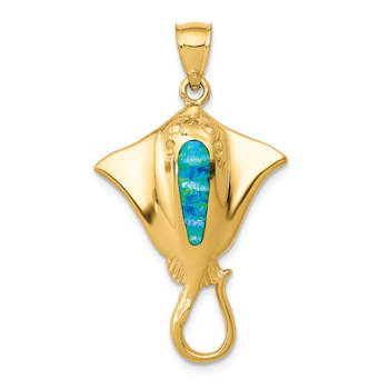 14k Yellow Gold Polished Lab Created Blue Opal Stingray Pendant