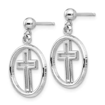 Rhodium Over 14k White Gold Polished Eternal Life Cross Dangle Earrings
