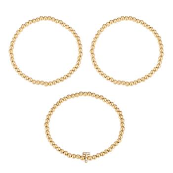 Initial T CZ Beaded Bracelet Set In 14K Gold Over Brass 0.09ctw