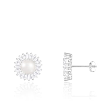 6.5-7mm White Cultured Freshwater Pearl Rhodium Over Sterling Silver Earrings