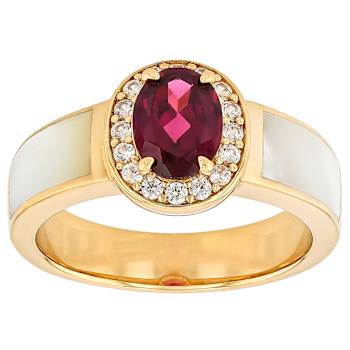 Grape Color Garnet, White Zircon And White Mother-Of-Pearl Band Ring In
18K Gold Over Sterling Silver 1.49ctw