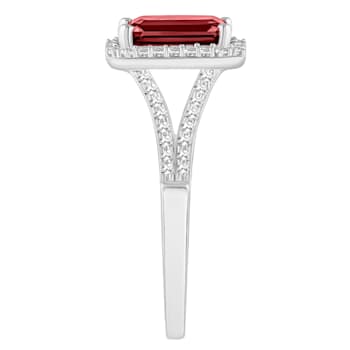 8x6mm Emerald Cut Garnet 1/4 ctw Diamond Rhodium Over Sterling Silver
Halo Ring