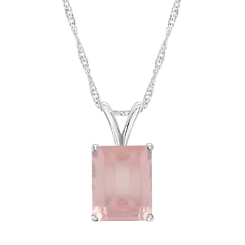 10x8mm Emerald Cut Rose Quartz Rhodium Over Sterling Silver Pendant With Chain