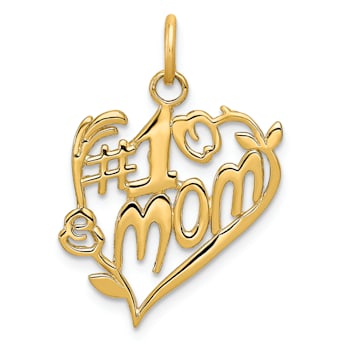 14k Yellow Gold Textured Number 1 Mom Heart Charm Pendant