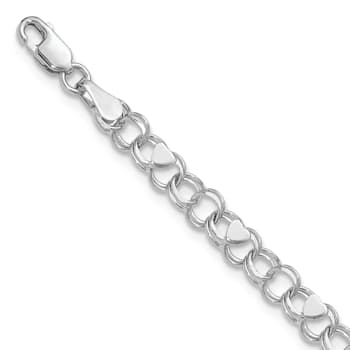 Rhodium Over 14k White Gold 4mm Double Link with Hearts Charm Bracelet