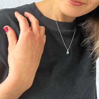 Emerald and Moissanite Sterling Silver Halo Style Pendant With Chain