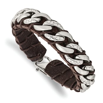 Brown Leather and Stainless Steel Brushed Polished and Textured 8.5-inch Bracelet