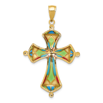 14k Yellow Gold Multi-Color Enamel Cross Pendant