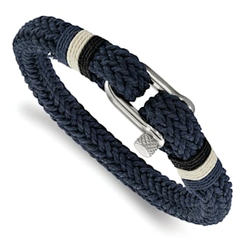 Woven Navy Cotton and Stainless Steel Polished 8.5-inch Bracelet