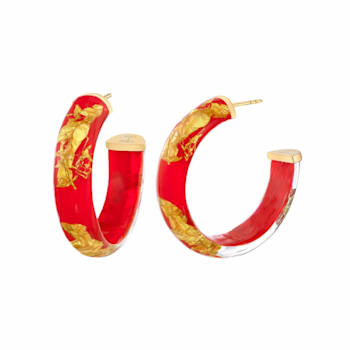 14K Yellow Gold Over Sterling Silver Small Gold Leaf Acrylic Hoops in
Carnelian Red