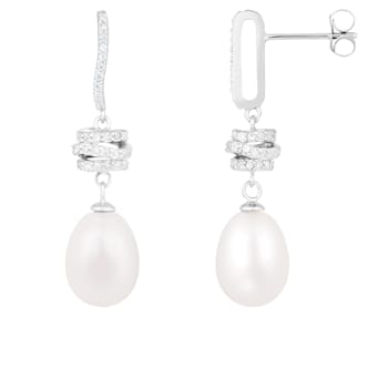 White Cultured Freshwater Pearl and Cubic Zirconia Rhodium Over Sterling
Silver 8-9mm Drop Earrings