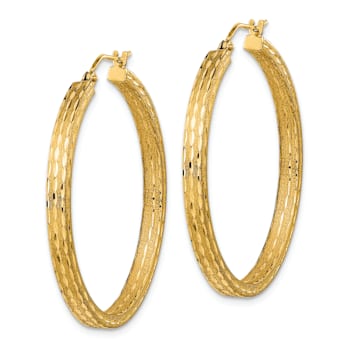 14k Yellow Gold 1 1/2" Satin and Diamond-cut Hoop Earrings