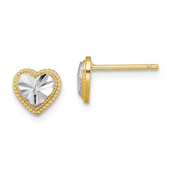 14k Two-tone Diamond-Cut and Textured Heart Stud Earrings