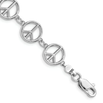 Rhodium Over 14k White Gold Polished Peace Sign Bracelet