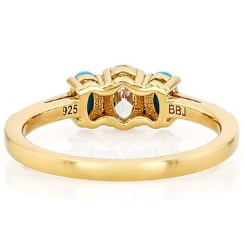 Diamond Simulant, Turquoise, 3-Stone Ring In 18K Gold Over Sterling
Silver 0.81ctw