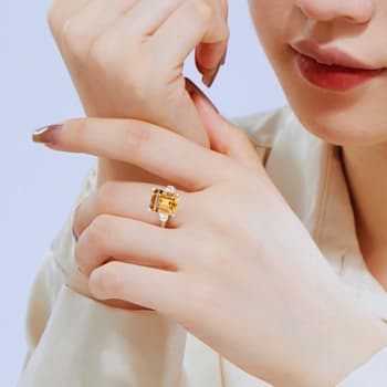 Citrine with White Zircon Accents Rhodium Over Sterling Silver Statement
Ring, 5.96ctw
