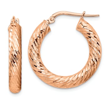 14k Rose Gold 15/16" Polished Diamond-cut Round Hoop Earrings