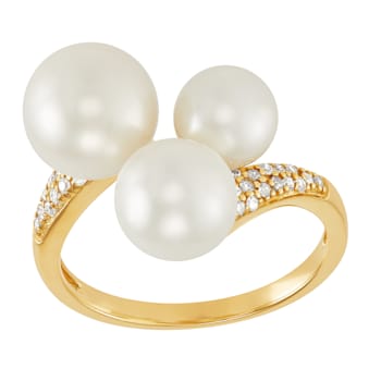 8.5-9mm Round White Freshwater Pearl and 0.14ctw Diamond 10K Yellow Gold Ring