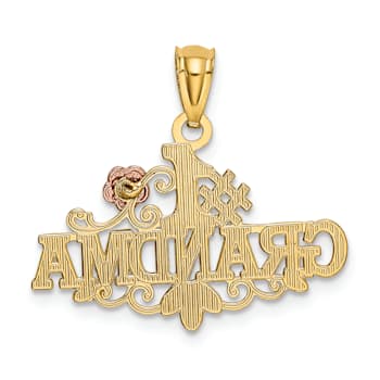 14k Two-tone Gold Textured and Diamond-Cut #1 Grandma with Rose Pendant