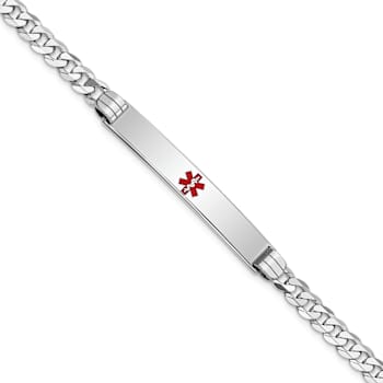 Rhodium Over 14k White Gold Medical Red Enamel Flat Curb Link ID Bracelet