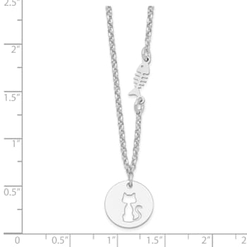 Sterling Silver Rhodium-plated Kitty and Fish with 1-inch Extension Necklace