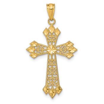 14k Yellow Gold Diamond-Cut Polished Filigree Cross Pendant