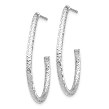 Rhodium Over 14k White Gold 1 3/16" Polished Diamond-Cut J-Hoop Earrings