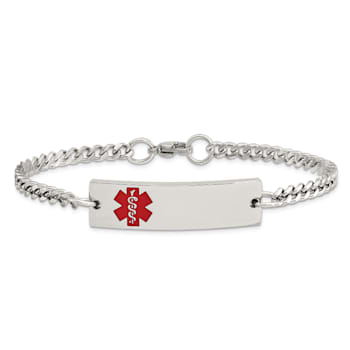 Stainless Steel Polished with Red Enamel 8.75-inch Medical ID Bracelet