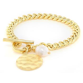 Cultured Freshwater Pearl Toggle Bracelet In 18K Gold Over Bronze 9.5mm