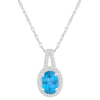 8x6mm Oval Blue Topaz 1/7 ctw Diamond Rhodium Over Sterling Silver Halo
Pendant with Chain