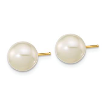 14K Yellow Gold 7-8mm White Round Freshwater Cultured Pearl Stud Post Earrings
