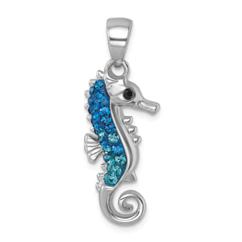 Rhodium Over Sterling Silver Polished Crystal Seahorse Pendant