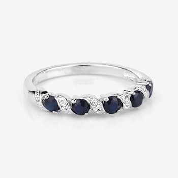 Blue Sapphire and White Topaz Five Stone Sterling Silver Band Ring