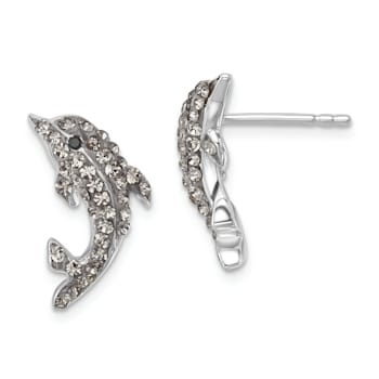 Rhodium Over Sterling Silver Pale Blue Crystal Dolphin Post Earrings