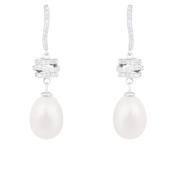 White Cultured Freshwater Pearl and Cubic Zirconia Rhodium Over Sterling
Silver 8-9mm Drop Earrings