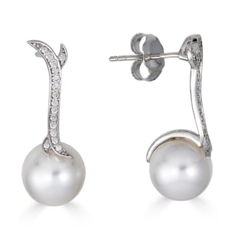 18KW Earrings 0.11 ctw Diamonds 10mm  Cultured Pearls
