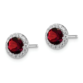 Rhodium Over Sterling Silver Garnet and CZ Post Earrings