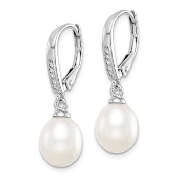 Rhodium Over Sterling Silver White 7-8mm Freshwater Cultured Pearl and
CZ Leverback Earrings