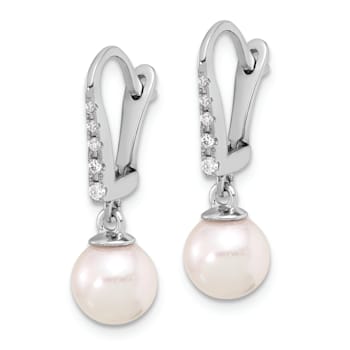 Rhodium Over 14K White Gold 6-7mm Round White Akoya Cultured Pearl and
0.085ctw Diamond Earrings