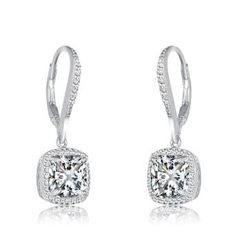 CZ Halo Square Drop Earrings In Sterling Silver