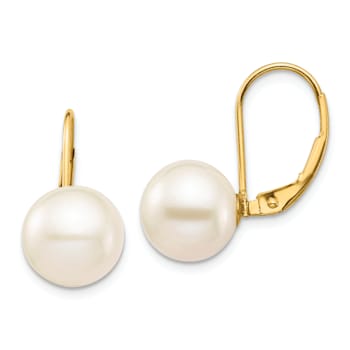 14K Yellow Gold 9-10mm White Round Freshwater Cultured Pearl Leverback Earrings