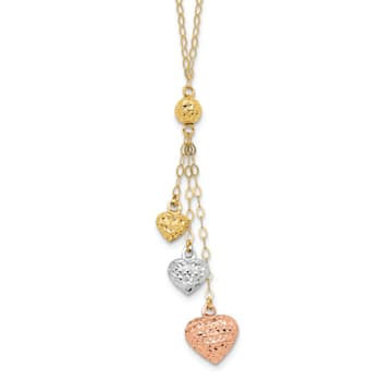 14K Tri-color Puff Heart Lariat with 2-inch Extension Necklace