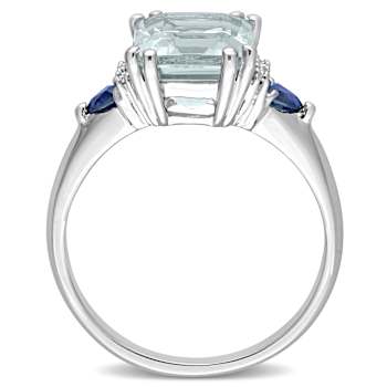 Aquamarine, Blue Sapphire and Diamond 14K White Gold 3-Stone Ring 3.19ctw