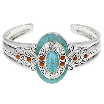 Turquoise And Coral Oxidized Cuff Bracelet In Sterling Silver 16x8mm
