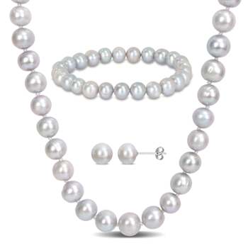 7.5-8mm Grey Freshwater Cultured Pearl Stud Earrings, Strand Bracelet
& Necklace Set