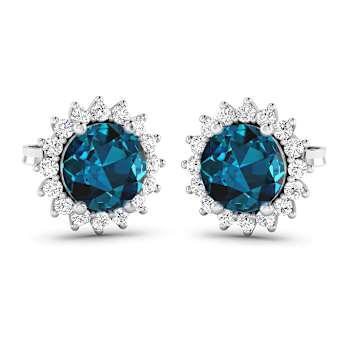 1.60ctw 14K White Gold London Blue Topaz  Topaz and White Diamond Halo Earrings