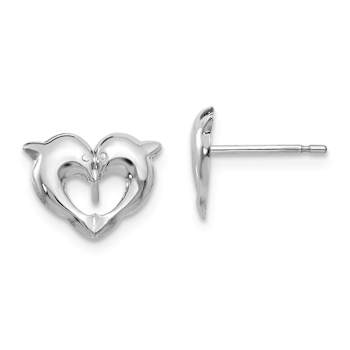 Rhodium Over 14k White Gold Children's Dolphins in Heart Shaped Stud Earrings