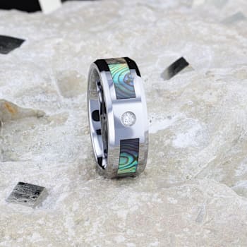 HONOLULU Mother of Pearl Inlay Tungsten Carbide Ring with Beveled Edges
and White Diamond 8mm