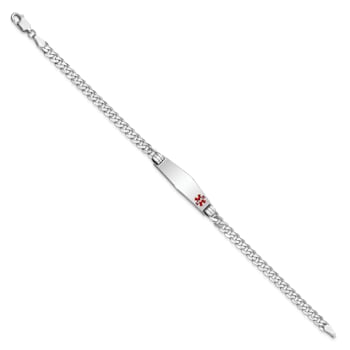 Rhodium Over 14k White Gold Medical Soft Diamond Shape Red Enamel Flat
Curb Link ID Bracelet
