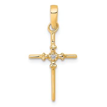14k Yellow Gold Polished Diamond Budded Cross Pendant